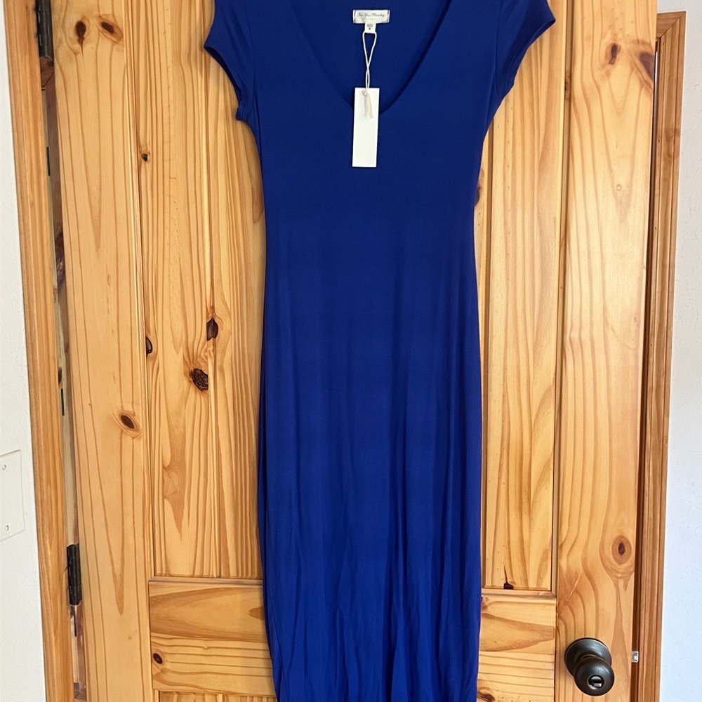 See You Monday Blue V-Neck Sheath Midi Dress